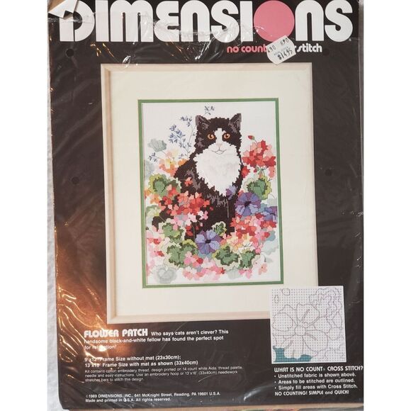 VTG 1989 Dimensions Flower Patch Cat No Count Cross Stitch Kit #3937 Size 9" x 1 - Picture 1 of 6